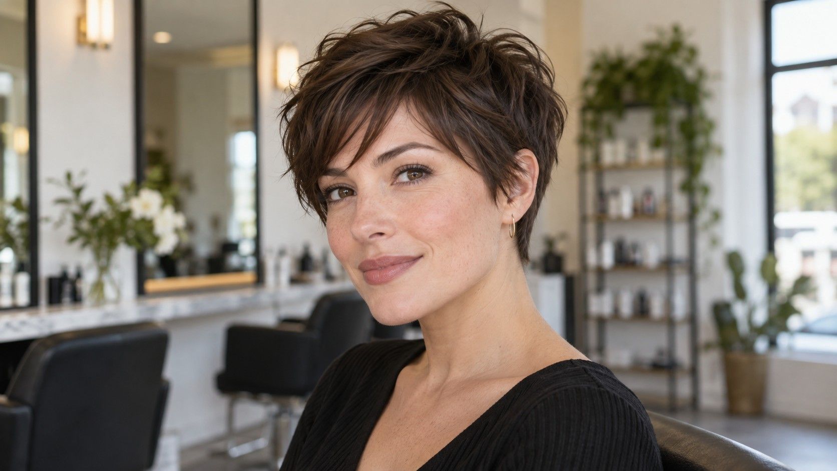 Textured pixie haircut with a soft fringe